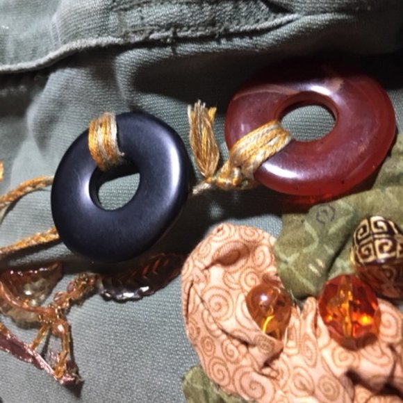 American Eagle Jean Fabric Olive Green Beads Lace Flowers Shoulder Bag Tote - Picture 9 of 16